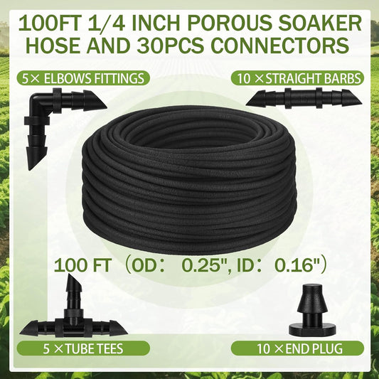 1/4 Inch Soaker Hose Irrigation Hose Drip Hose for Garden Heavy Duty Drip Irrigation Tubing with Hose Connector Set or Watering Planters Flower Vegetable Lawn Yard Landscaping, Black (100 ft)