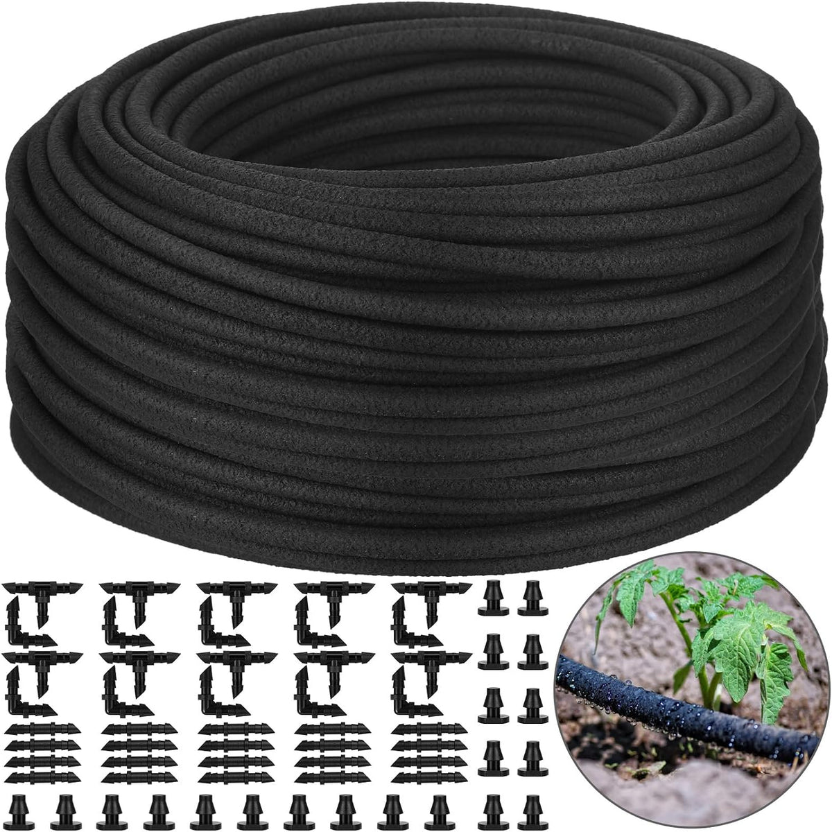 1/4 Inch Soaker Hose Irrigation Hose Drip Hose for Garden Heavy Duty Drip Irrigation Tubing with Hose Connector Set or Watering Planters Flower Vegetable Lawn Yard Landscaping, Black (100 ft)