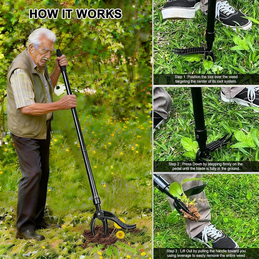Manual Weed Puller Tool - Stand Up Weeder with 4-Claw Head & 3-Section Long Handle, Permanently Remove Dandelions with Roots, No Bending for Seniors, Lawn & Garden Tool