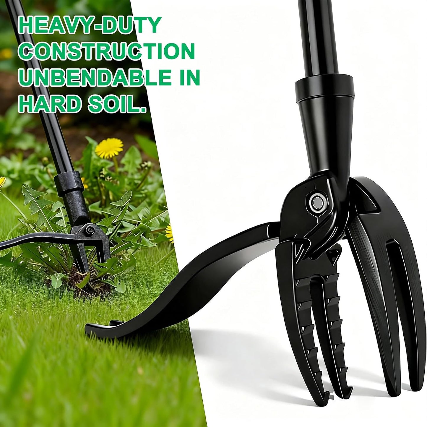 Manual Weed Puller Tool - Stand Up Weeder with 4-Claw Head & 3-Section Long Handle, Permanently Remove Dandelions with Roots, No Bending for Seniors, Lawn & Garden Tool