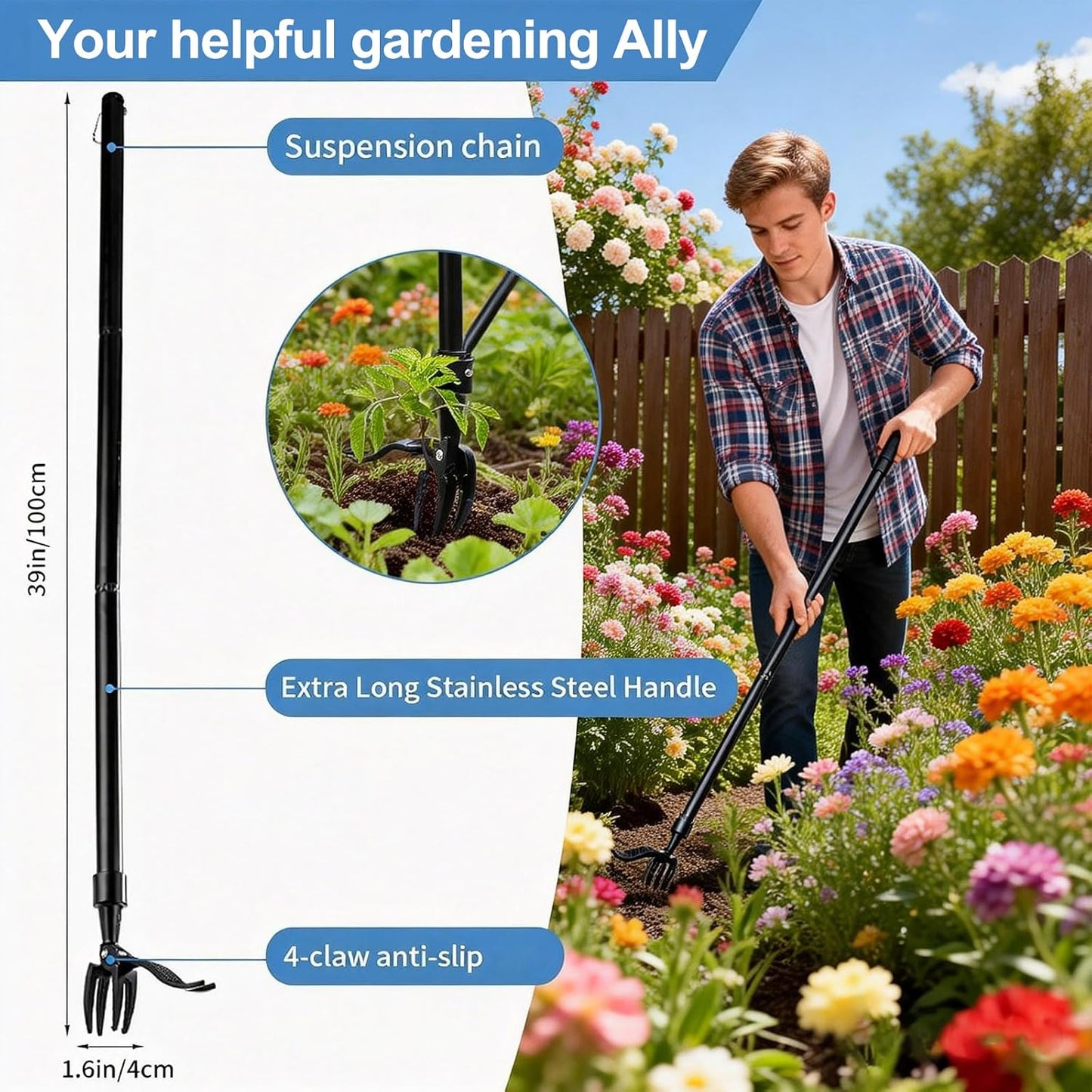 Manual Weed Puller Tool - Stand Up Weeder with 4-Claw Head & 3-Section Long Handle, Permanently Remove Dandelions with Roots, No Bending for Seniors, Lawn & Garden Tool