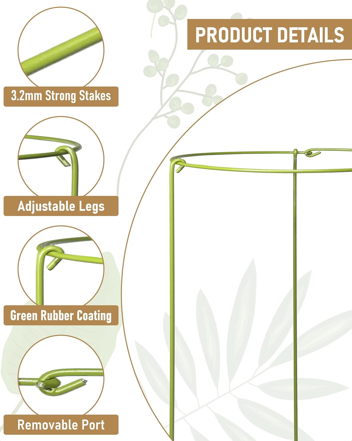 5-Pack Heavy Duty Plant Support Stakes, Metal Plant Ring Cages for Indoor Outdoor Plants, Adjustable Garden Stakes for Orchids, Monstera, Pothos, Hydrangea, Vines & Potted Plant (6" W x 11" H)
