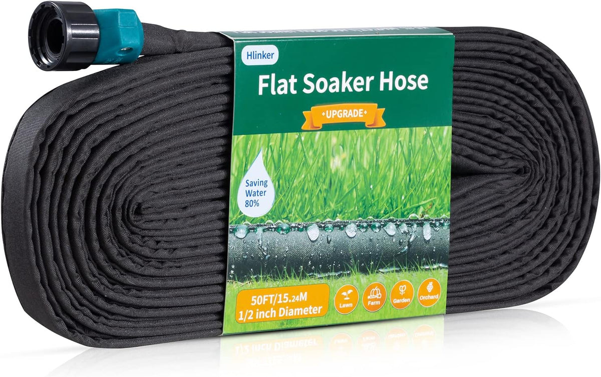 Flat Soaker Hose 25 FT for Garden Beds, 25Ft 1/2" Linkable Consistent Drip Irrigation Hose Save 80% Water, Leakproof Heavy Duty Double Layer Sprinkler Hose