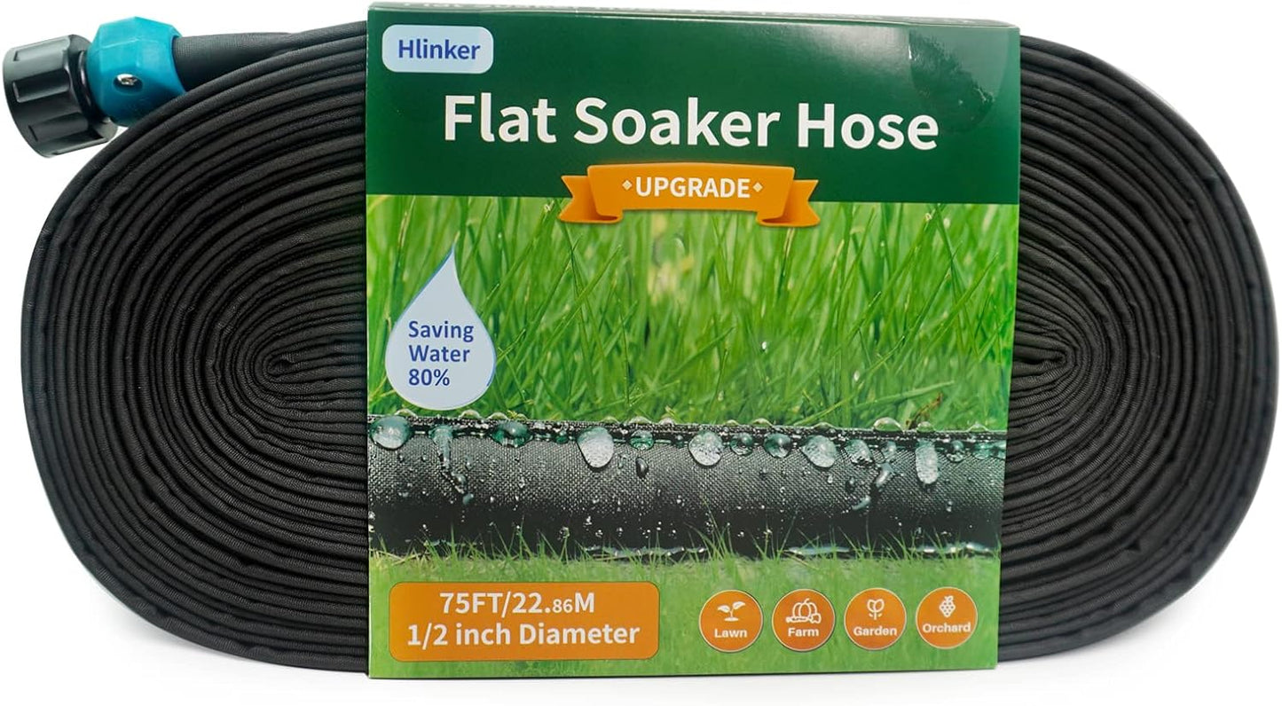 Flat Soaker Hose 25 FT for Garden Beds, 25Ft 1/2" Linkable Consistent Drip Irrigation Hose Save 80% Water, Leakproof Heavy Duty Double Layer Sprinkler Hose