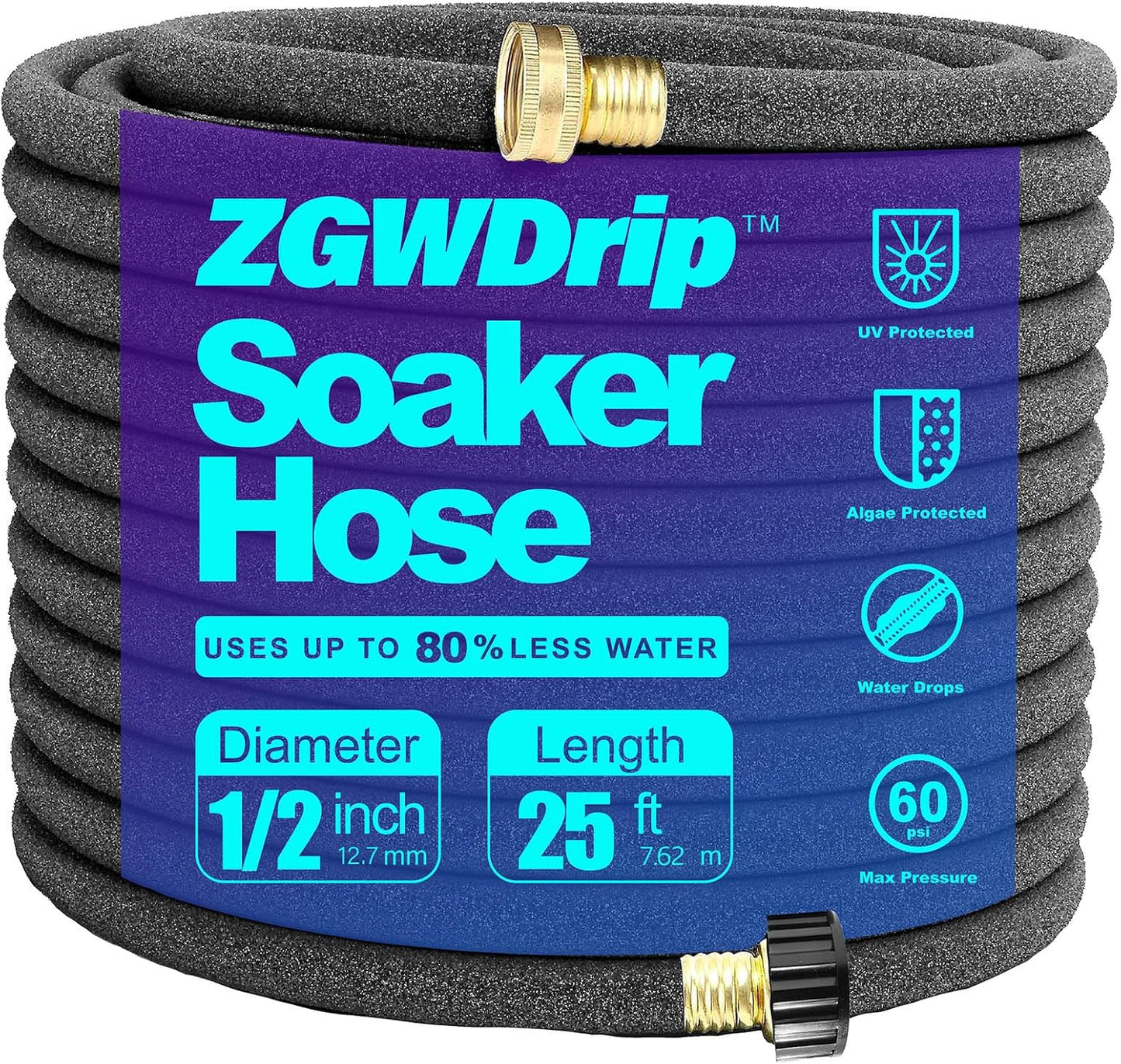 Soaker Hose 25 FT,1/2 Inch Soaker Garden Hose with 3/4" Solid Brass Connectors