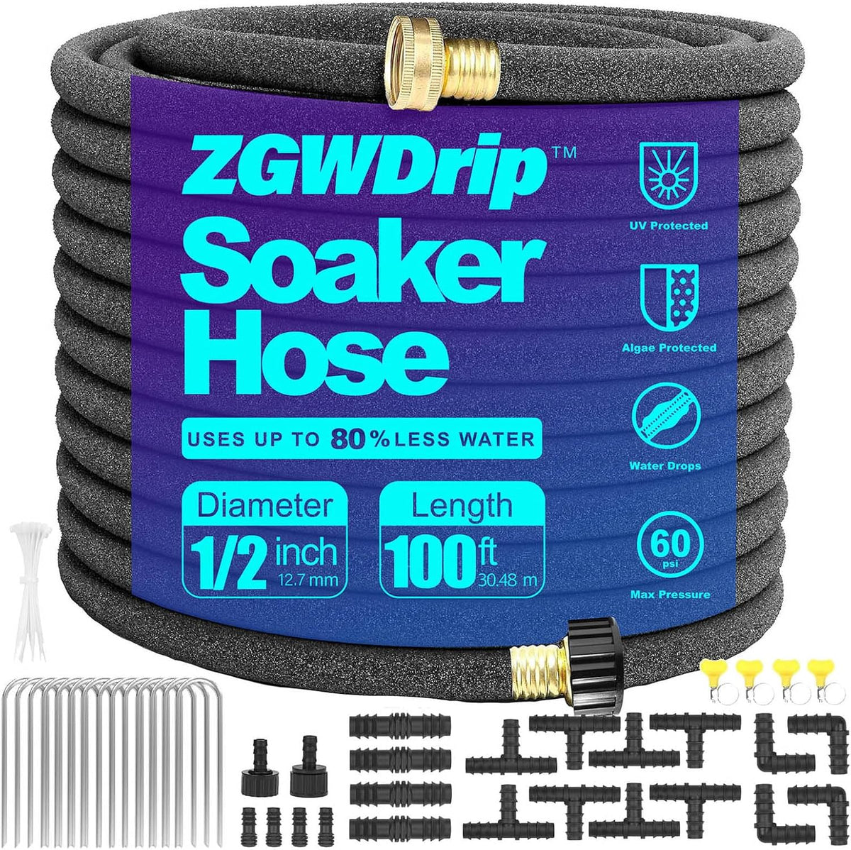 Soaker Hose 25 FT,1/2 Inch Soaker Garden Hose with 3/4" Solid Brass Connectors