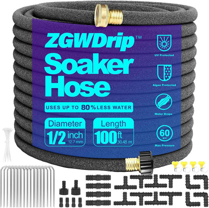 Soaker Hose 25 FT,1/2 Inch Soaker Garden Hose with 3/4" Solid Brass Connectors