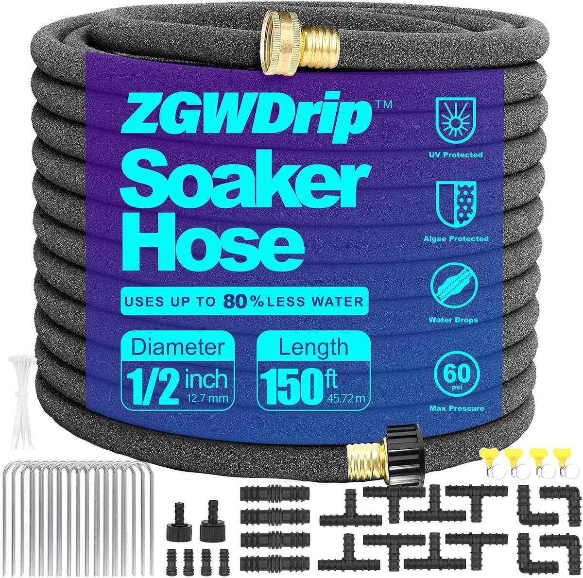 Soaker Hose 25 FT,1/2 Inch Soaker Garden Hose with 3/4" Solid Brass Connectors