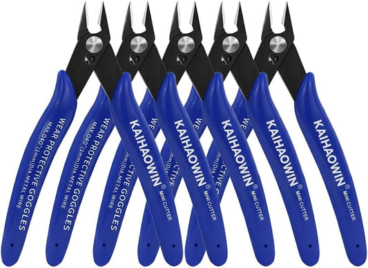 KAIHAOWIN Micro Wire Cutters with Spring, 5 Pack, 5 inch Precision Mini Flush Cutters Bulk, Nippers, Flush Cutting Pliers, Wire Snips, Small Side Cutters for Electronics Crafts Jewelry-Blue