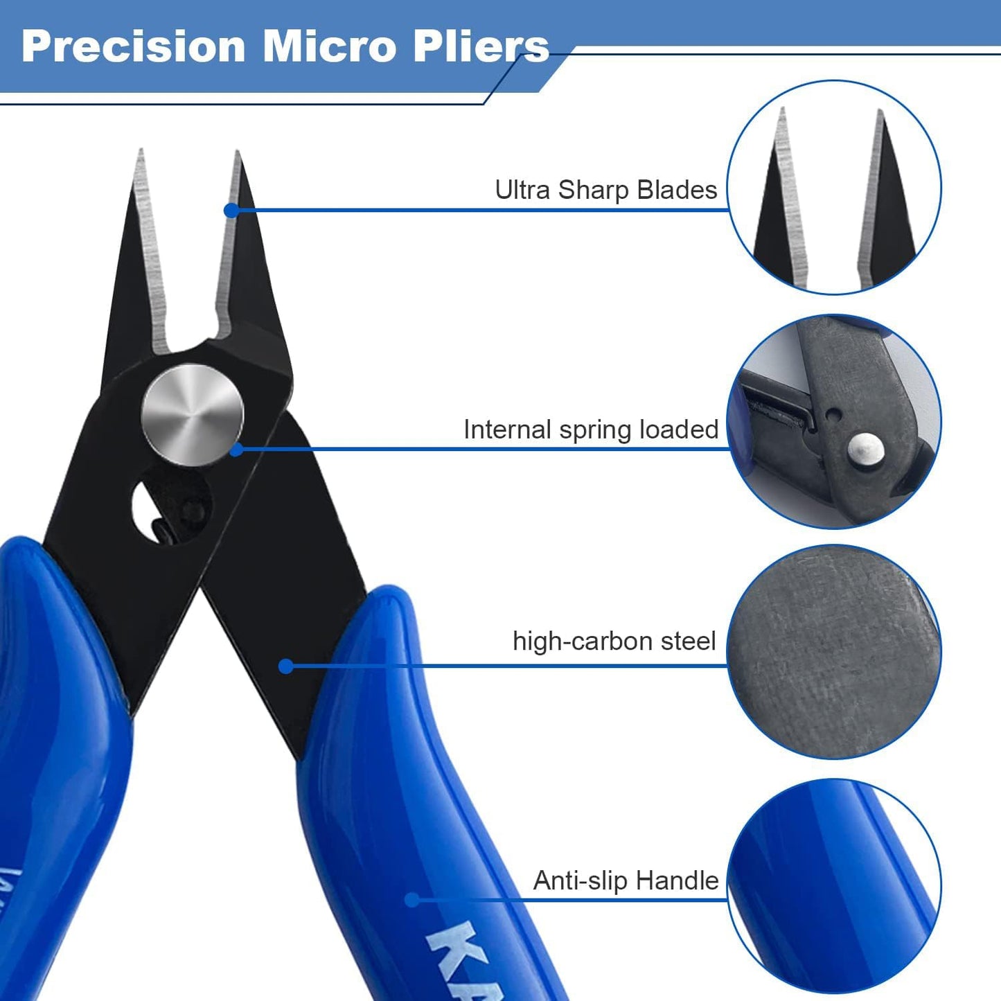KAIHAOWIN Micro Wire Cutters with Spring, 5 Pack, 5 inch Precision Mini Flush Cutters Bulk, Nippers, Flush Cutting Pliers, Wire Snips, Small Side Cutters for Electronics Crafts Jewelry-Blue