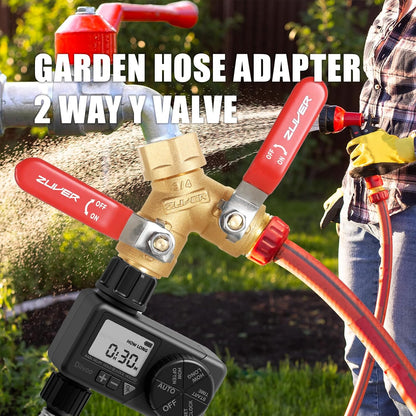 Garden Hose Splitter 2-Way Heavy Duty Solid Brass Y Valve with Stainless Steel Long Handle, 3/4" GHT Thread Full Flow Water Diverter, Outdoor Faucet Connector for Lawn, Irrigation & Washing