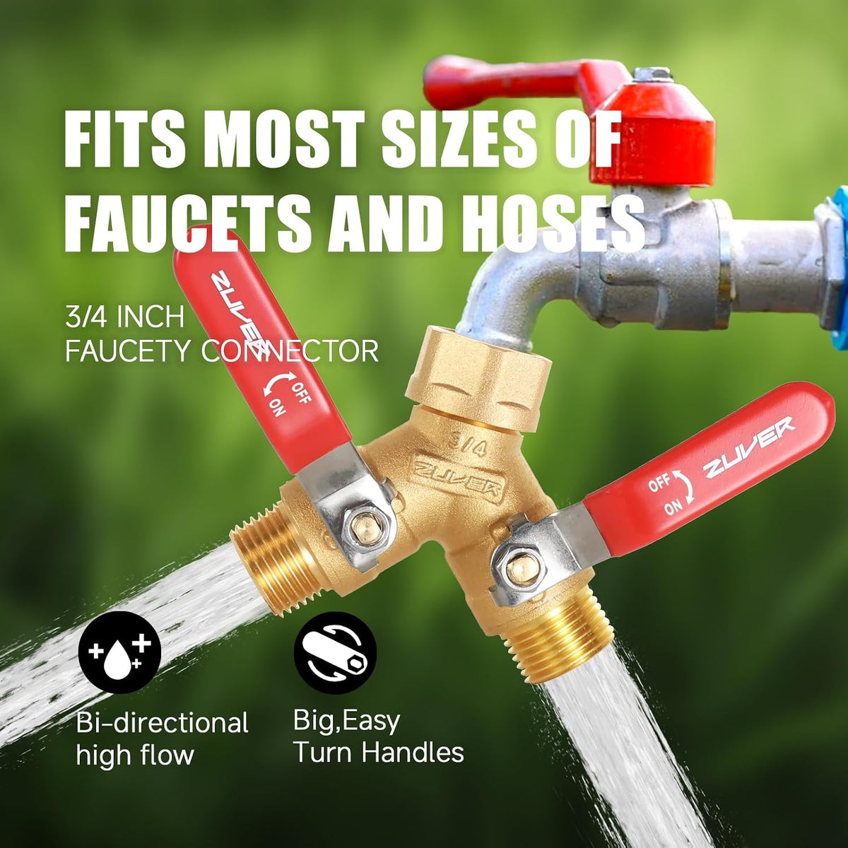 Garden Hose Splitter 2-Way Heavy Duty Solid Brass Y Valve with Stainless Steel Long Handle, 3/4" GHT Thread Full Flow Water Diverter, Outdoor Faucet Connector for Lawn, Irrigation & Washing