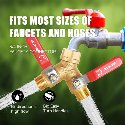Garden Hose Splitter 2-Way Heavy Duty Solid Brass Y Valve with Stainless Steel Long Handle, 3/4" GHT Thread Full Flow Water Diverter, Outdoor Faucet Connector for Lawn, Irrigation & Washing