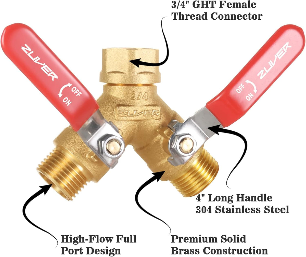 Garden Hose Splitter 2-Way Heavy Duty Solid Brass Y Valve with Stainless Steel Long Handle, 3/4" GHT Thread Full Flow Water Diverter, Outdoor Faucet Connector for Lawn, Irrigation & Washing