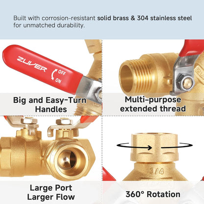 Garden Hose Splitter 2-Way Heavy Duty Solid Brass Y Valve with Stainless Steel Long Handle, 3/4" GHT Thread Full Flow Water Diverter, Outdoor Faucet Connector for Lawn, Irrigation & Washing