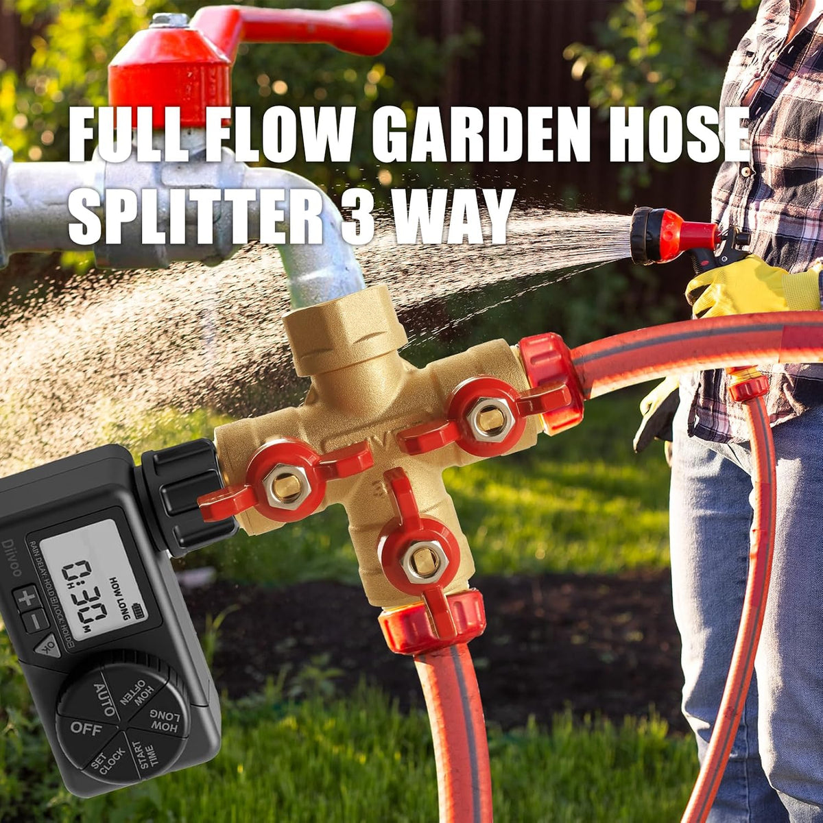 Garden Hose Splitter 2-Way Heavy Duty Solid Brass Y Valve with Stainless Steel Long Handle, 3/4" GHT Thread Full Flow Water Diverter, Outdoor Faucet Connector for Lawn, Irrigation & Washing