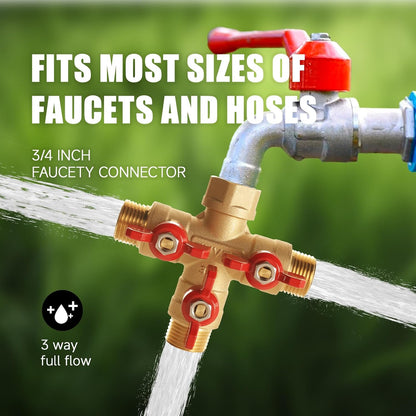 Garden Hose Splitter 2-Way Heavy Duty Solid Brass Y Valve with Stainless Steel Long Handle, 3/4" GHT Thread Full Flow Water Diverter, Outdoor Faucet Connector for Lawn, Irrigation & Washing