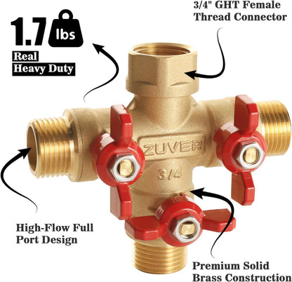 Garden Hose Splitter 2-Way Heavy Duty Solid Brass Y Valve with Stainless Steel Long Handle, 3/4" GHT Thread Full Flow Water Diverter, Outdoor Faucet Connector for Lawn, Irrigation & Washing