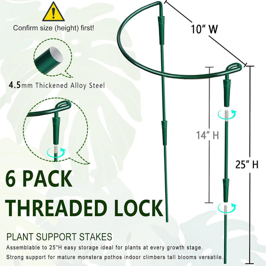 6 Pack Threaded Lock Metal Plant Support Stakes - 25" H Tall Peony Cage, Reusable Detachable Garden Ring for Hydrangea/Rose Bush/Potted Flowers, Indoor Outdoor Heavy Duty (10" W)