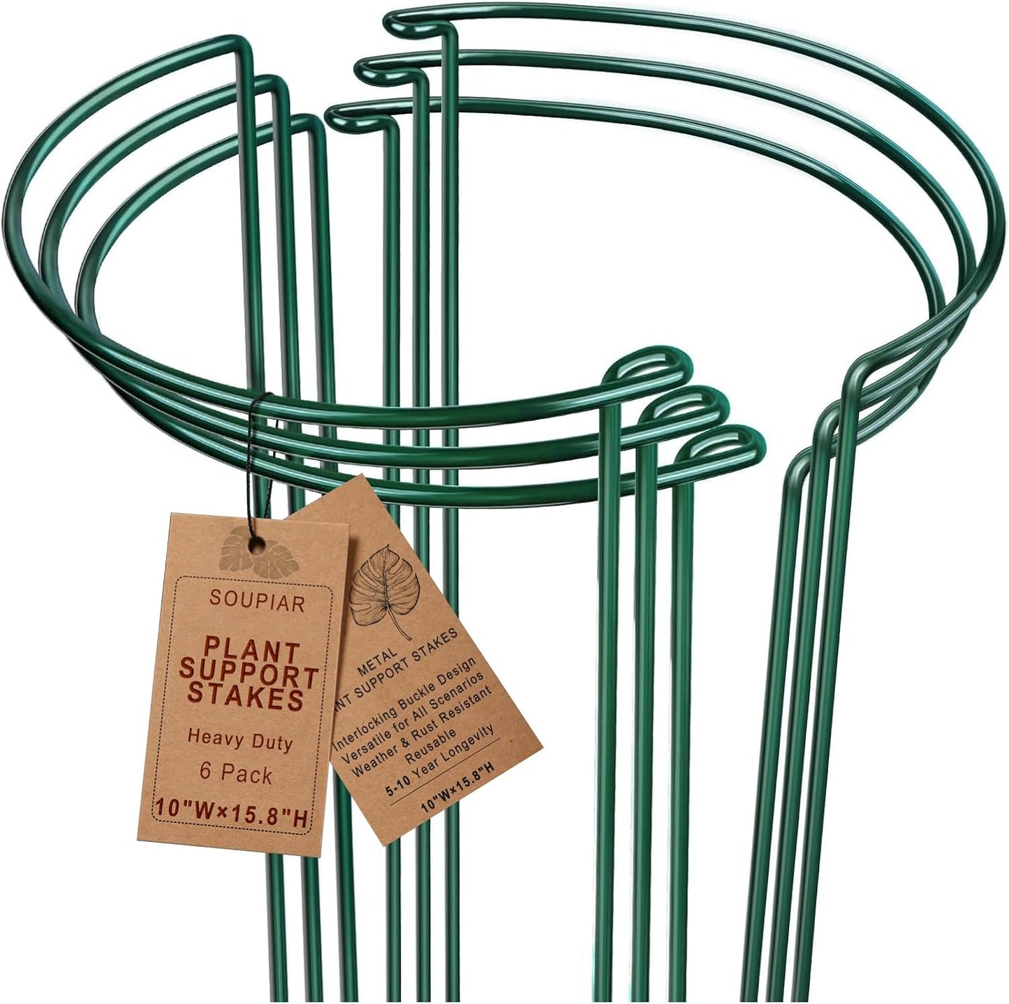 6 Pack Threaded Lock Metal Plant Support Stakes - 25" H Tall Peony Cage, Reusable Detachable Garden Ring for Hydrangea/Rose Bush/Potted Flowers, Indoor Outdoor Heavy Duty (10" W)