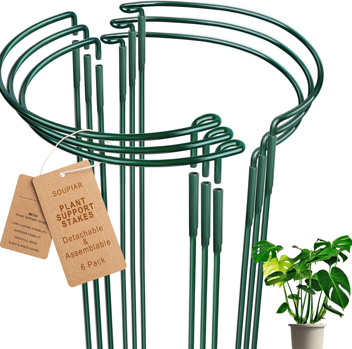 6 Pack Threaded Lock Metal Plant Support Stakes - 25" H Tall Peony Cage, Reusable Detachable Garden Ring for Hydrangea/Rose Bush/Potted Flowers, Indoor Outdoor Heavy Duty (10" W)