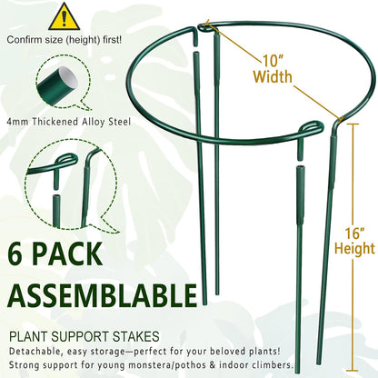 6 Pack Threaded Lock Metal Plant Support Stakes - 25" H Tall Peony Cage, Reusable Detachable Garden Ring for Hydrangea/Rose Bush/Potted Flowers, Indoor Outdoor Heavy Duty (10" W)