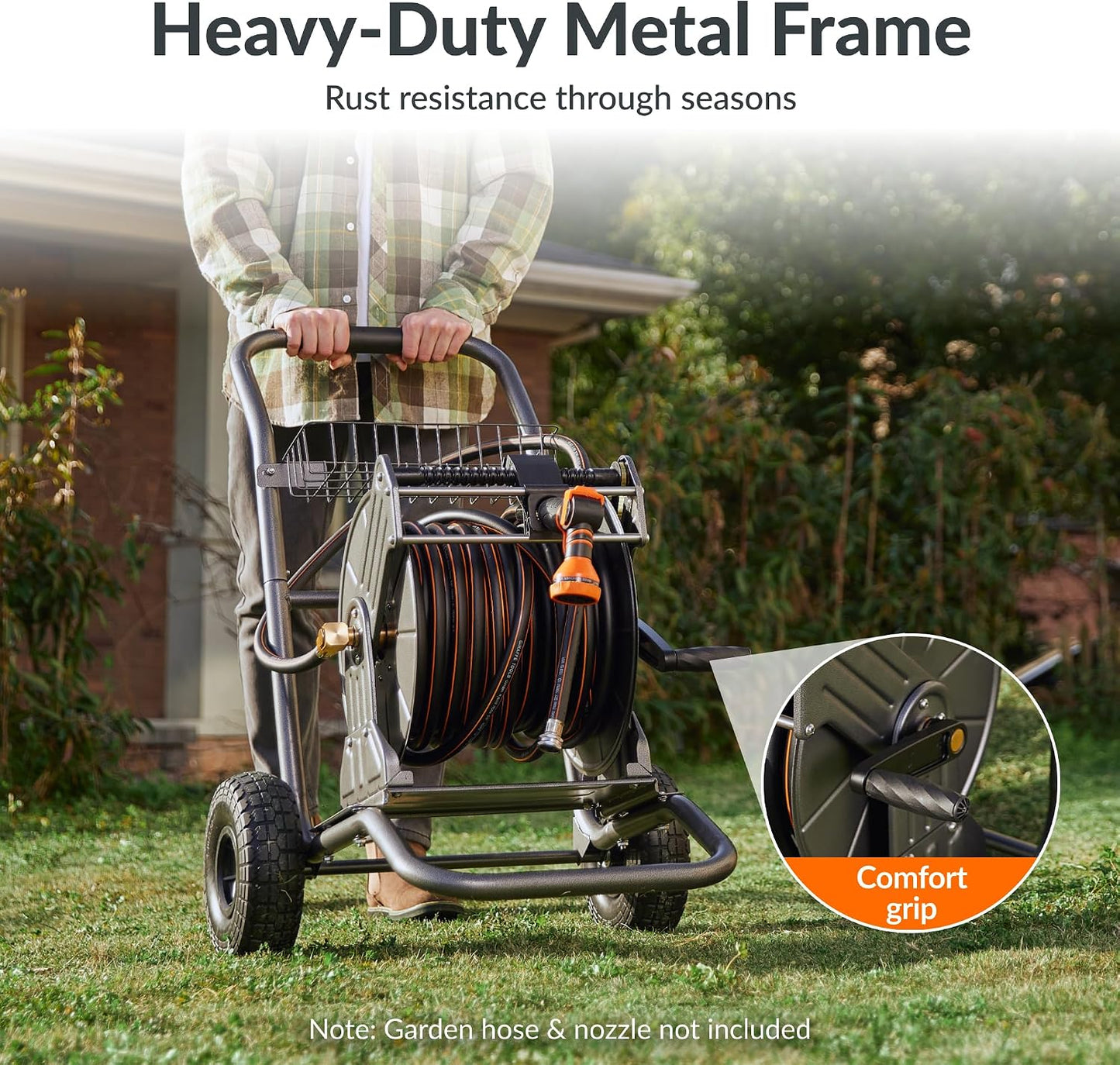 Garden Hose Reel Cart with Wheels, Heavy Duty Metal Water Hose Reel Cart, 200 ft of 1/2 Capacity, Mobile Hose Reel Cart for Outside