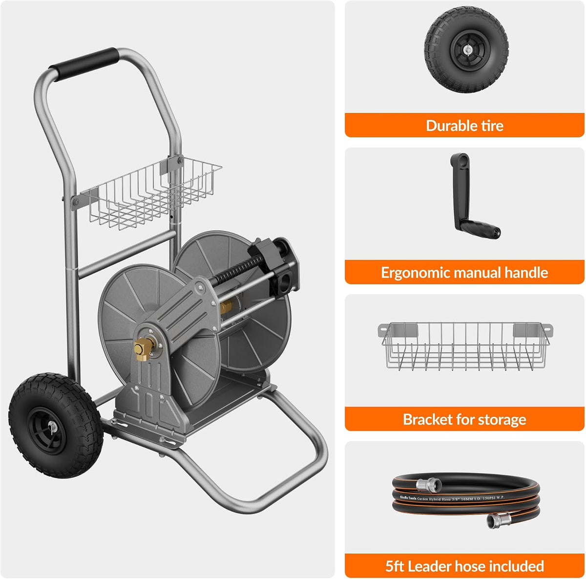 Garden Hose Reel Cart with Wheels, Heavy Duty Metal Water Hose Reel Cart, 200 ft of 1/2 Capacity, Mobile Hose Reel Cart for Outside