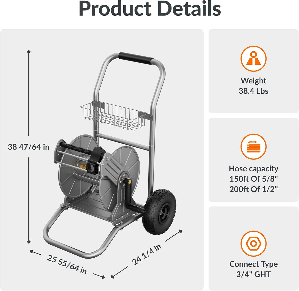Garden Hose Reel Cart with Wheels, Heavy Duty Metal Water Hose Reel Cart, 200 ft of 1/2 Capacity, Mobile Hose Reel Cart for Outside