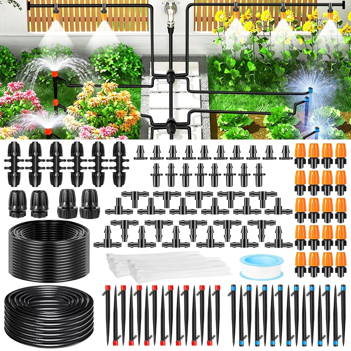 300 Pcs Barbed Connectors Drip Irrigation Fittings Kit, 1/4" Drip Irrigation Kit for Garden Flower Pot Greenhouse Lawn (Straight Barbs,Single Barbs,Tees,Elbows,End Plug,4-Way Coupling)