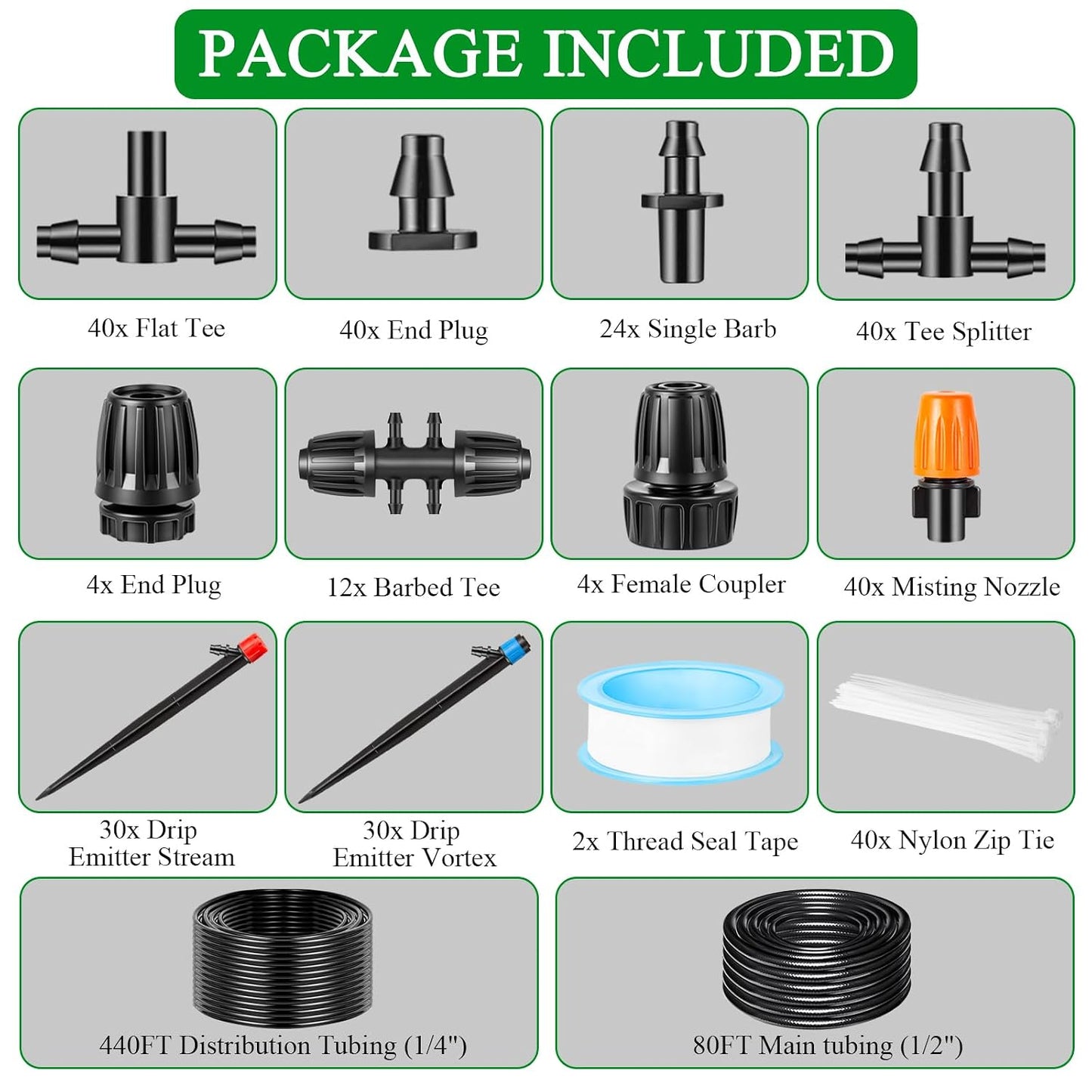 300 Pcs Barbed Connectors Drip Irrigation Fittings Kit, 1/4" Drip Irrigation Kit for Garden Flower Pot Greenhouse Lawn (Straight Barbs,Single Barbs,Tees,Elbows,End Plug,4-Way Coupling)