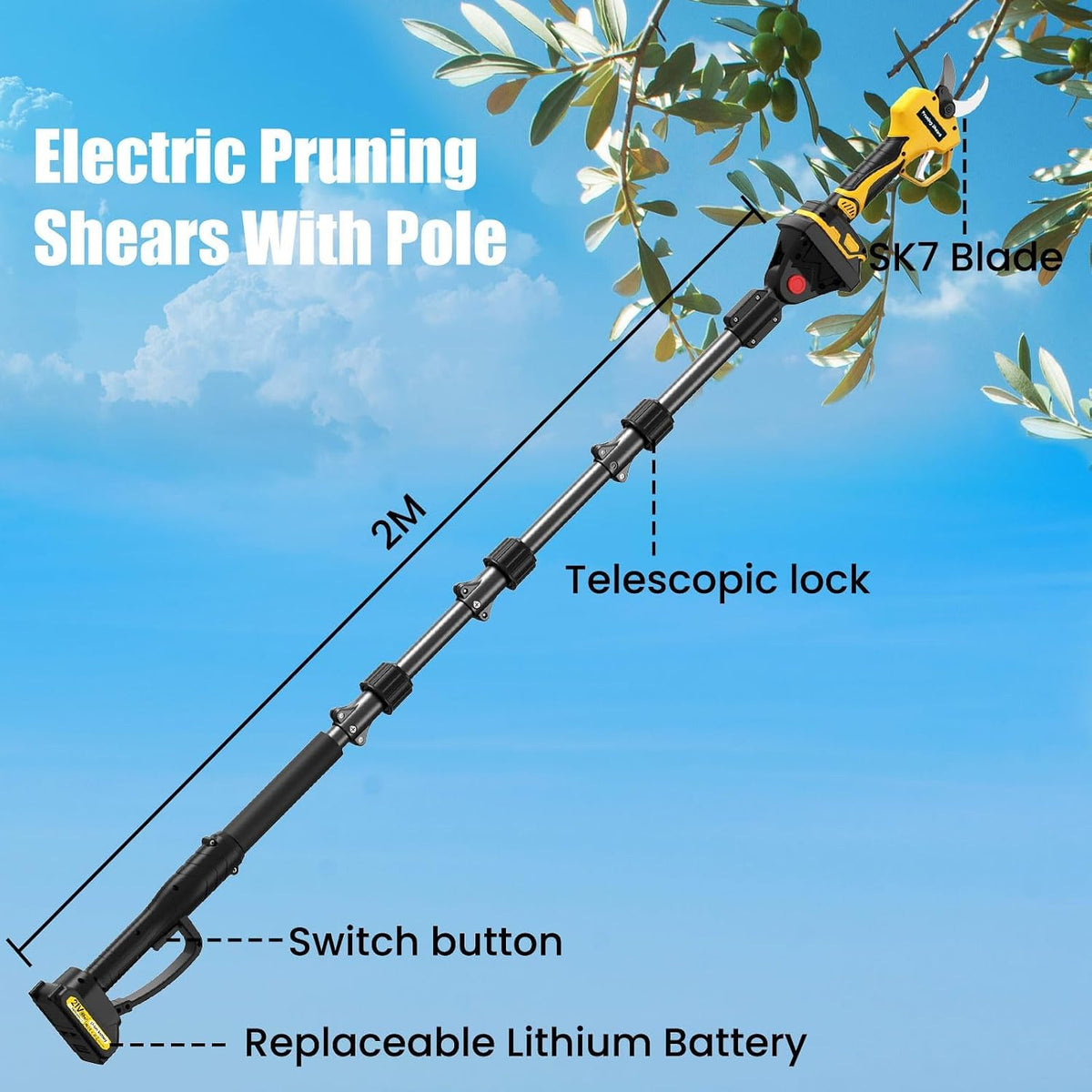 Electric Pruning Shears Cordless with 8FT Pole, Max Cutting Diameter 2.7 inch, 21V 2 * 2Ah, 1000w Brushless Motor, Working time 6-10 h, Electric Pruning Shears Suitable for Gardens, Orchards, Farms