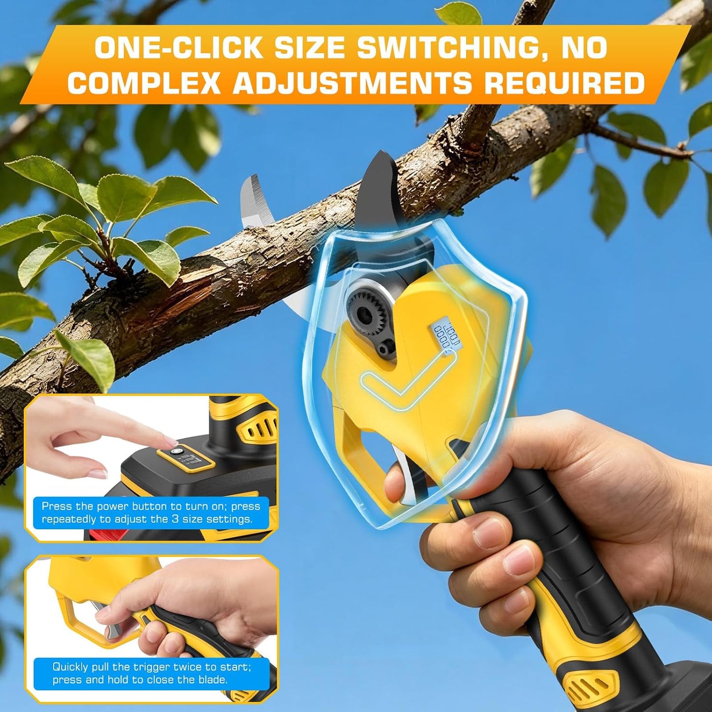 Electric Pruning Shears Cordless with 8FT Pole, Max Cutting Diameter 2.7 inch, 21V 2 * 2Ah, 1000w Brushless Motor, Working time 6-10 h, Electric Pruning Shears Suitable for Gardens, Orchards, Farms