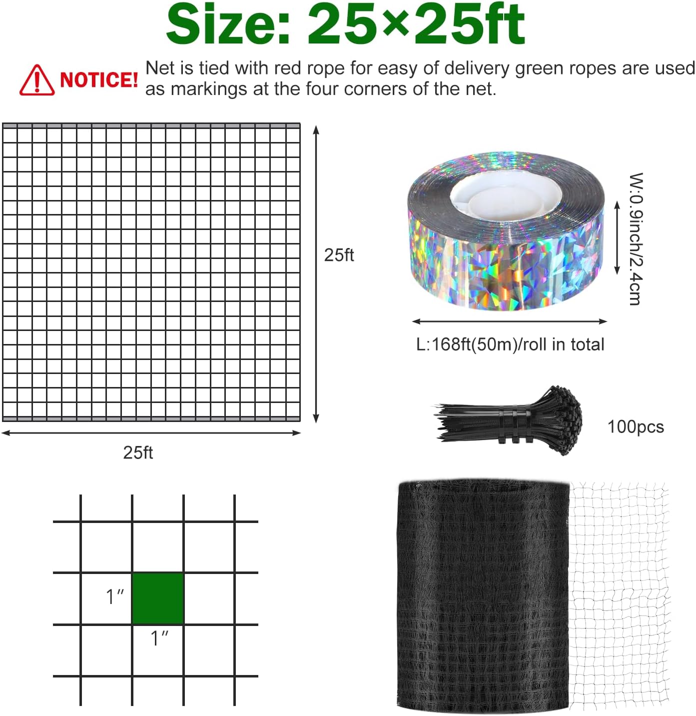 Bird Netting for Chicken Coop 25 X 50 Ft 1" Square Mesh Heavy Duty Chicken Run Netting Roof Cover Against Hawks, Eagles, Owls, UV Resistant, for Garden, Fruit Tree, Plant, Vegetable Protection