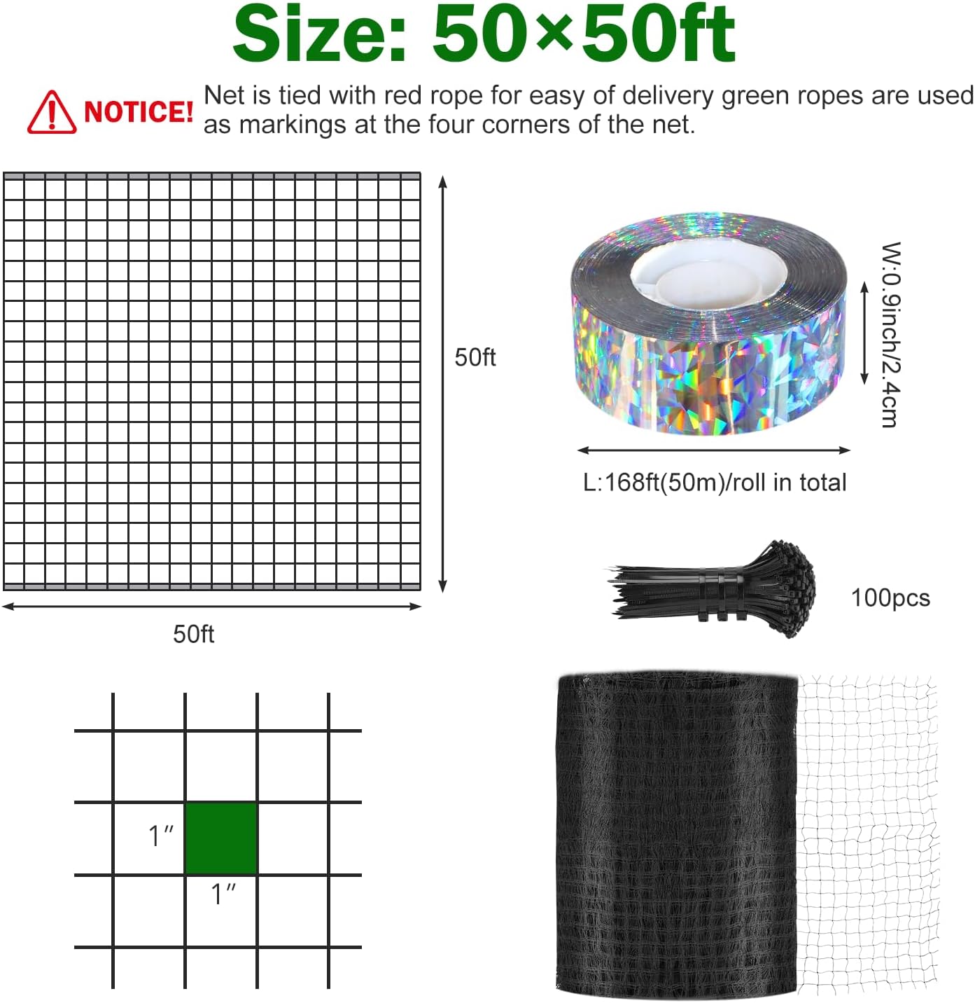 Bird Netting for Chicken Coop 25 X 50 Ft 1" Square Mesh Heavy Duty Chicken Run Netting Roof Cover Against Hawks, Eagles, Owls, UV Resistant, for Garden, Fruit Tree, Plant, Vegetable Protection