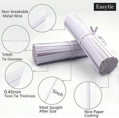 500 Pcs White Paper Twist Ties 5" Reusable Bread Ties Twisty-ties White Twist Ties Bag Ties Wire Ties for Bags Reusable Twist Tie for Party Cello Candy Bread Coffee Bags Cake Pops