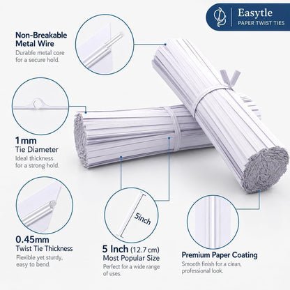 500 Pcs White Paper Twist Ties 5" Reusable Bread Ties Twisty-ties White Twist Ties Bag Ties Wire Ties for Bags Reusable Twist Tie for Party Cello Candy Bread Coffee Bags Cake Pops