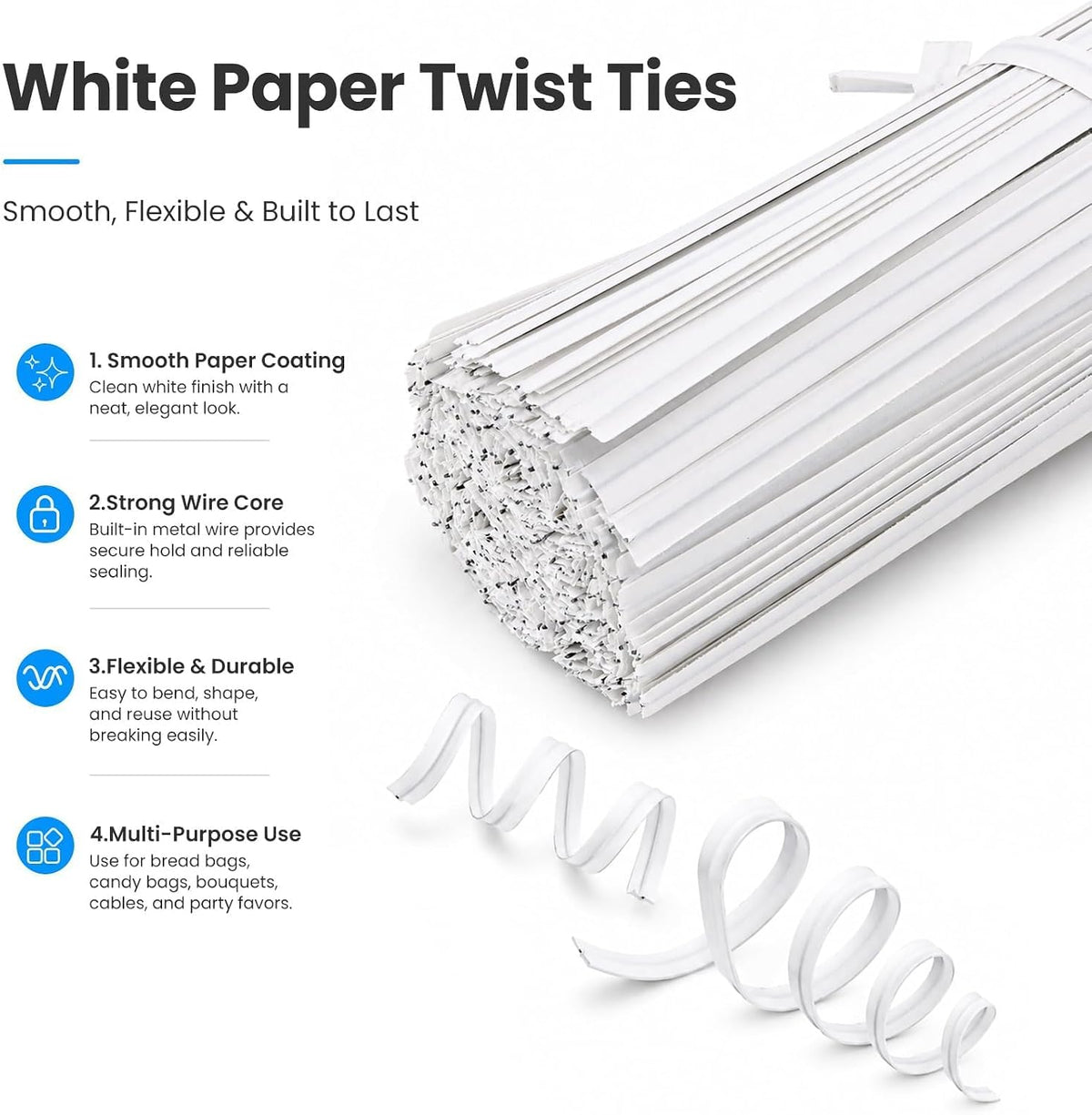 500 Pcs White Paper Twist Ties 5" Reusable Bread Ties Twisty-ties White Twist Ties Bag Ties Wire Ties for Bags Reusable Twist Tie for Party Cello Candy Bread Coffee Bags Cake Pops