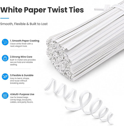 500 Pcs White Paper Twist Ties 5" Reusable Bread Ties Twisty-ties White Twist Ties Bag Ties Wire Ties for Bags Reusable Twist Tie for Party Cello Candy Bread Coffee Bags Cake Pops