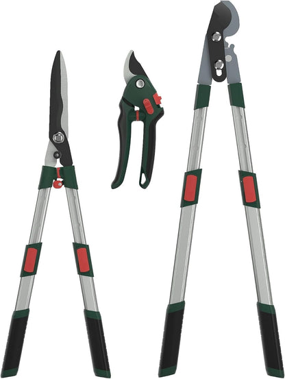 3-Piece Garden Pruning Tool Set with Telescopic Aluminum Handles, Bypass Lopper Hedge Shears Pruning Shears, Heavy Duty Branch Cutters for Shrubs Hedges Branches