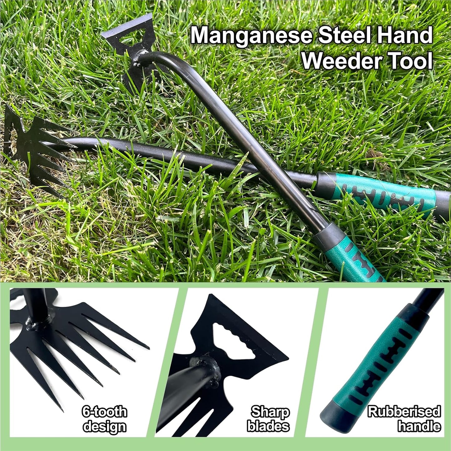 2Pcs Weed Puller Tool- 6 Teeth Manganese Steel Gardening Hand Weeder Tools