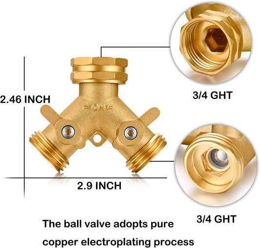 Garden Hose Splitter, 2 Way Connector Heavy Duty Brass,Garden Faucet,Splitter for Outdoor Faucet,Hose y Splitter, Hose Bib Splitter, Adapter with Comfortable Grip Shut Off Valves 1Pcs