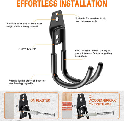Heavy Duty Garage Hooks 4 Pack, J Shaped Hanger, Wall Mounted Storage System, Power and Garden Tool Organizer, for Hanging Ladders, Bikes Tires, Hose, Bulk Items
