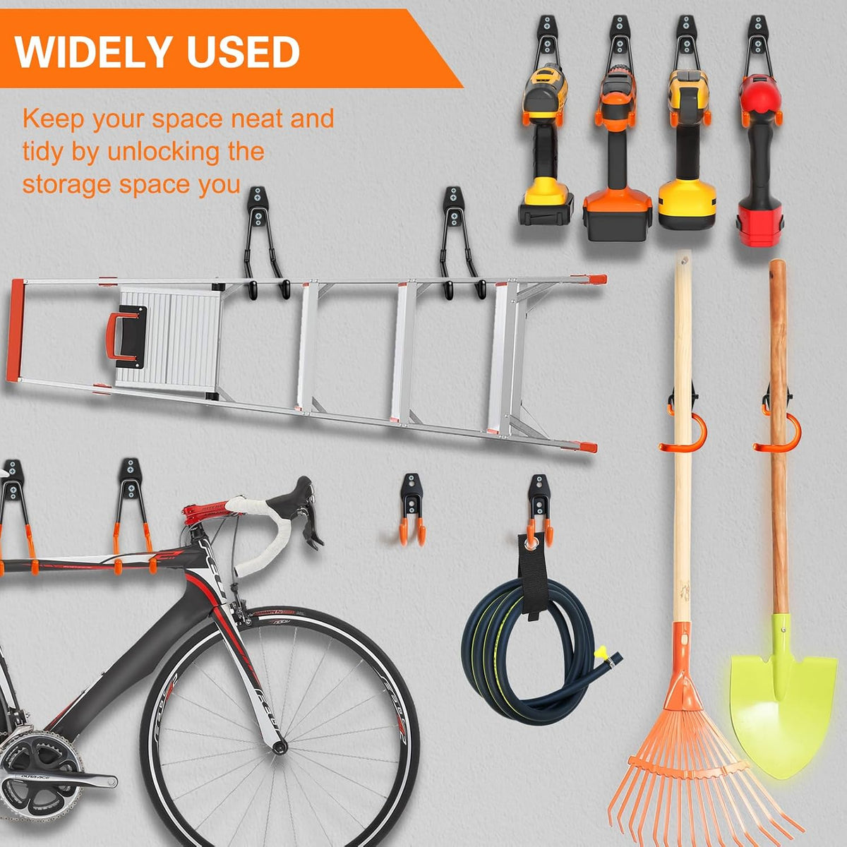 Heavy Duty Garage Hooks 4 Pack, J Shaped Hanger, Wall Mounted Storage System, Power and Garden Tool Organizer, for Hanging Ladders, Bikes Tires, Hose, Bulk Items
