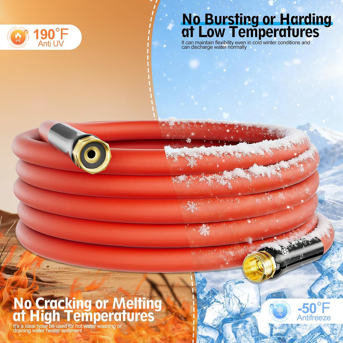 5/8" x 15FT Hot/Cold Rubber Garden Water Hose, -50℉ to 190℉