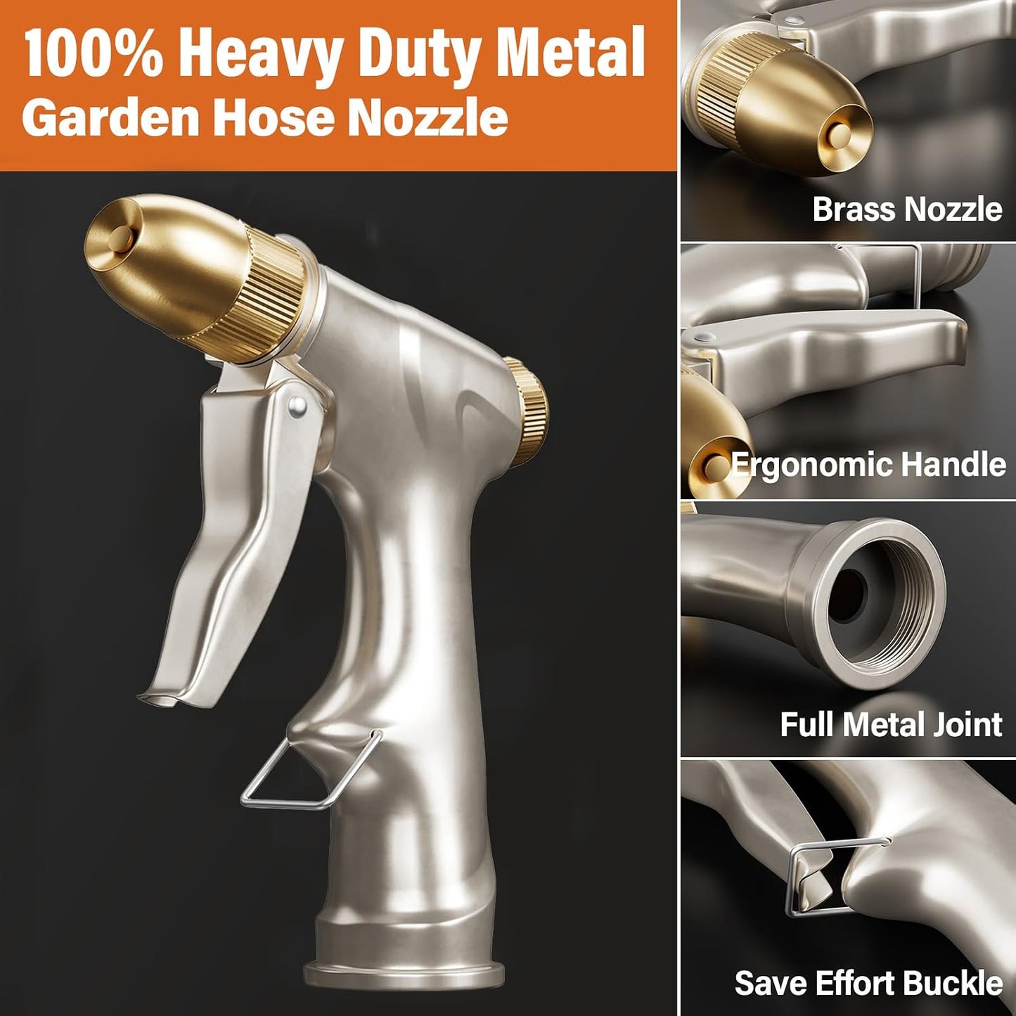 Garden Hose Nozzle with Brass Nozzle,100% Heavy Duty Metal Water Nozzle