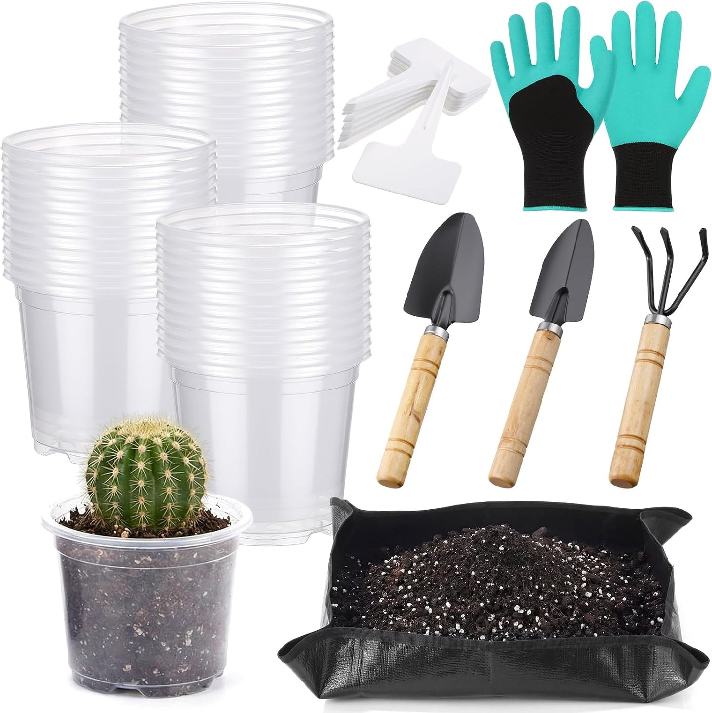 83 Pcs Garden Supplies Tools Kit, 3 Inch Clear Plastic Plant Pots with Transplanting Mat, Trowel Cultivator Rake Set, Label & Glove, Succulent Tools Gift for Plant Lovers Accessory