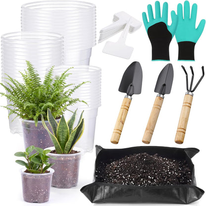 83 Pcs Garden Supplies Tools Kit, 3 Inch Clear Plastic Plant Pots with Transplanting Mat, Trowel Cultivator Rake Set, Label & Glove, Succulent Tools Gift for Plant Lovers Accessory