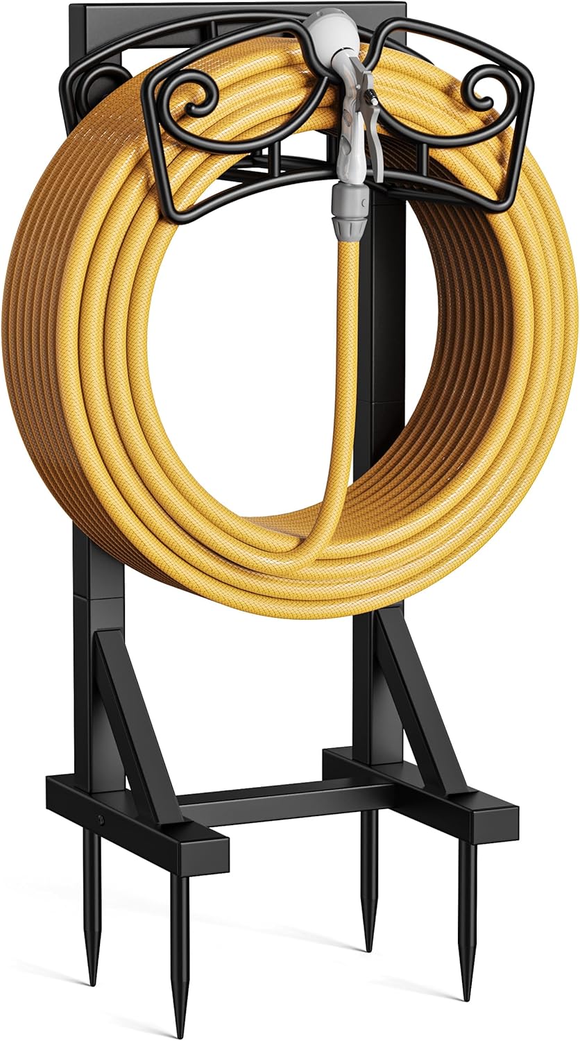 Garden Hose Holder Stand, Freestanding Metal Water Hose Storage Rack with Hooks for Outside Yard Lawn, Heavy Duty