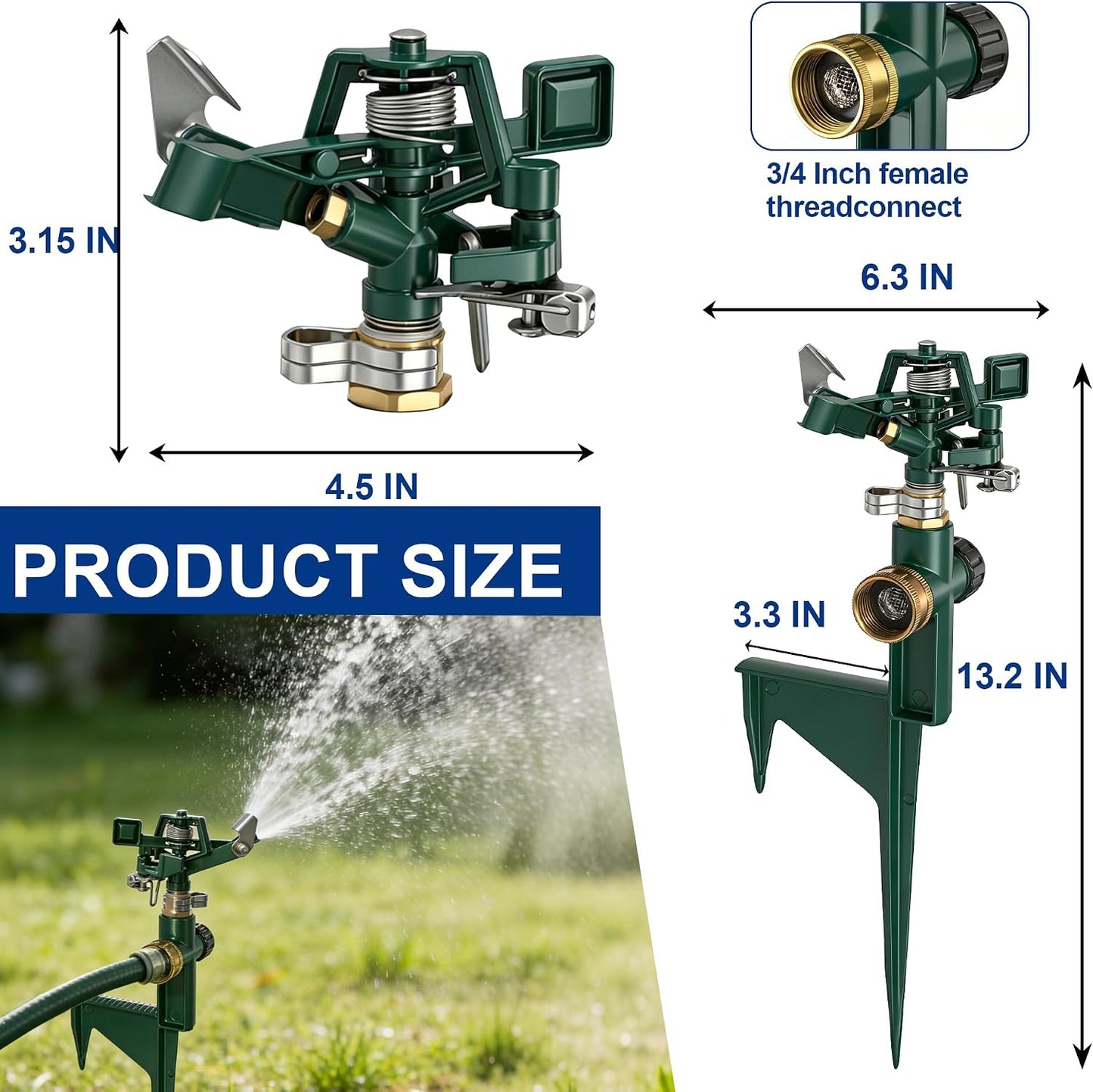 2 Pack Impact Sprinklers for Yard, Adjustable Pulsating Water Sprinkler Head on Step Spike, Zinc Alloy Lawn Sprinkler for 360 Degree Large Area Patio Garden Irrigation